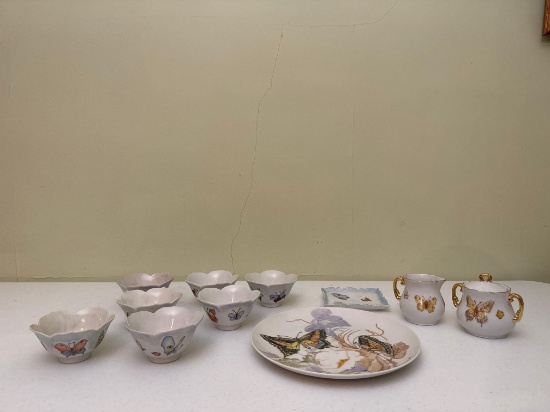 Hand Painted Butterfly Custard Bowls, Plates, Creamer & Sugar Bowl