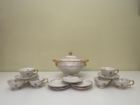 Hand Painted Teacups, Saucers & Tureen