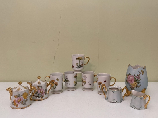 Hand Painted Mushroom Mugs, Creamers, Sugar Bowls & Vase