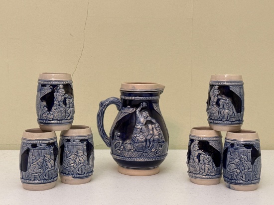 Vintage Ceramic Cobalt Blue Tavern Pitcher & Cups