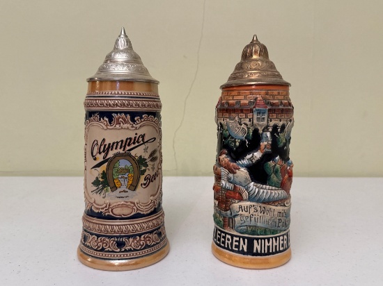 Vintage Olympia Beer & Happy Drinking Times Ceramic Lidded Beer Steins