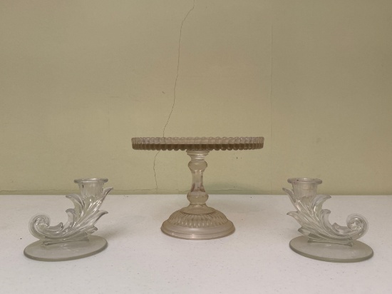 Molded Glass Cake Stand & Candle Holders