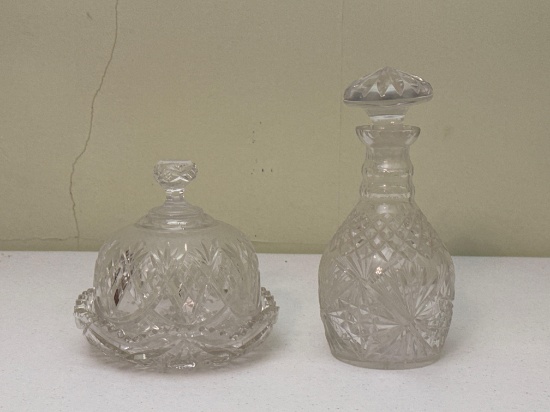 Crystal Cut Glass Dish with Lid & Decanter