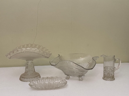 Glass Pedestal Fruit Bowl, Etched Glass Bowl & Cut Glass Pitcher & Dish