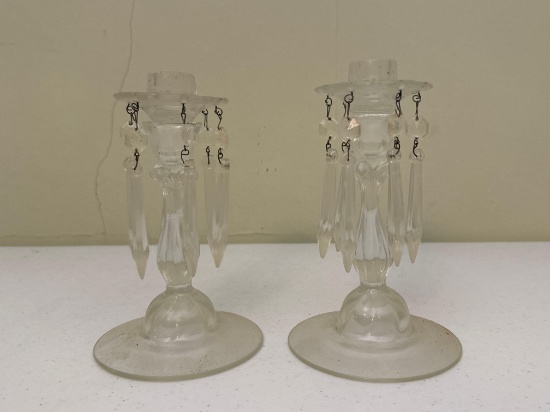 Glass Taper Candle Holders with Crystal Drop Bobeches