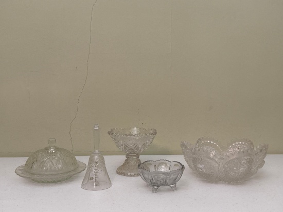 Cut Glass Butter Dish, Bowls, Bell & Compote Dish
