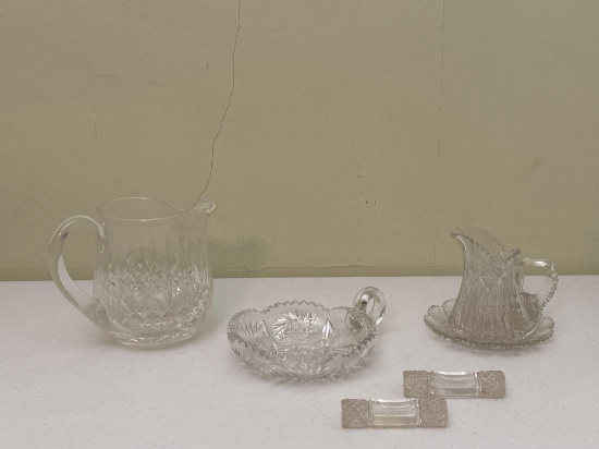 Crystal Cut Glass Pitchers, Dish & Knife Rests