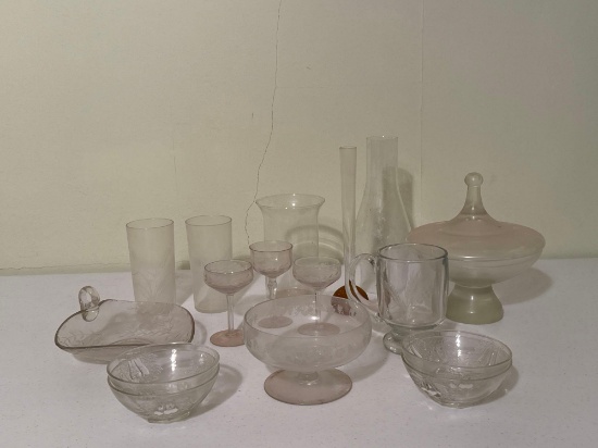 Etched Glass Bowls, Candy Dish & Stemware