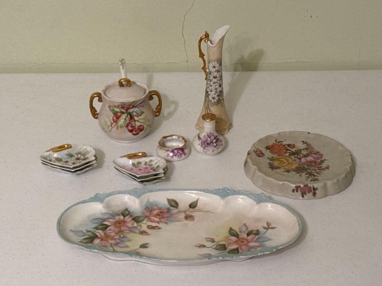 Hand Painted Floral Sugar Bowl, Platter & Vase