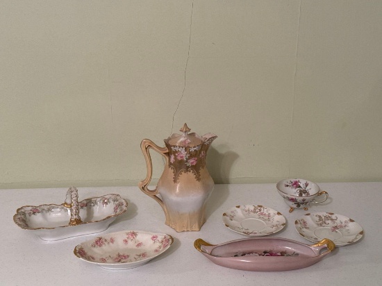 Porcelain Floral Teapot, Teacup, Saucers & Platters