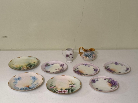 Hand Painted Decorative Floral Plates & Creamer Pitchers