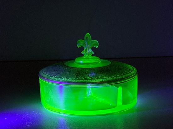 Fostorial Gold & Green Uranium Glass Candy Dish