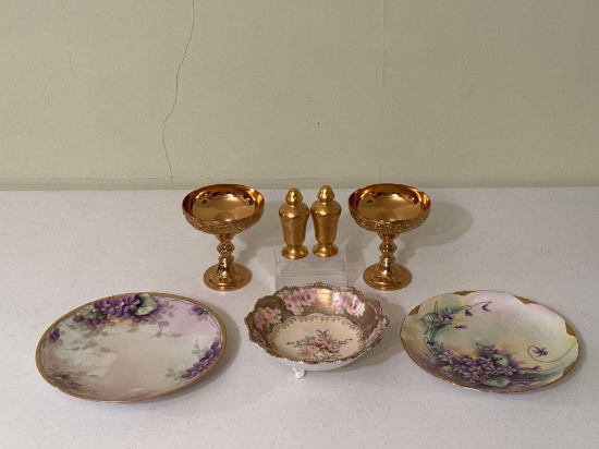 Pickard Gold Salt & Pepper Shakers, Gold Tone Candle Holders & Decorative Plates