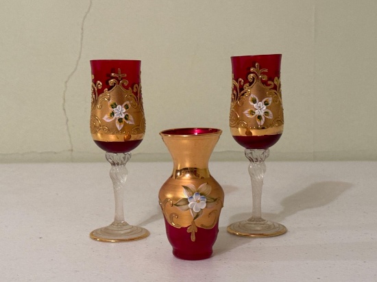 Vintage Murano Red & Gold Bud Vase and Cordial Glasses