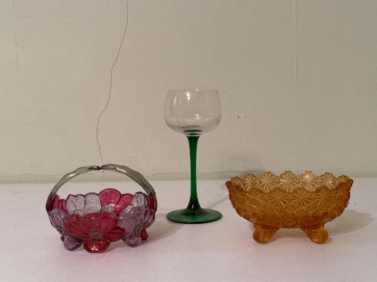 Vintage Westmoreland Iridescent Floral Basket, Amber Glass Bowl & Emerald Stem Luminarc Glass