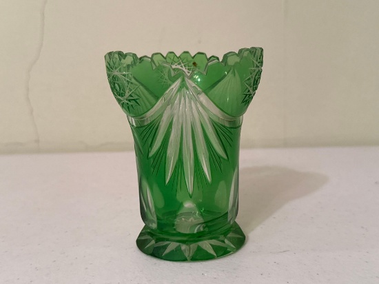 Vintage Green Cut Glass Vase