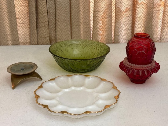 Vintage Milk Glass Deviled Egg Tray, Green Glass Bowl & Candle Holders