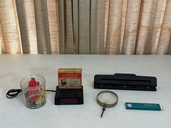 Vintage Micronta Multitester, 3-Hole Punch, Alarm Clock & Paper Clips