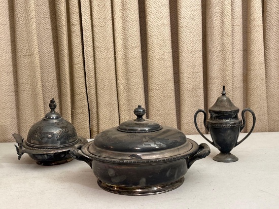 Silver Plate Butter Dish, Covered Dish & Jar