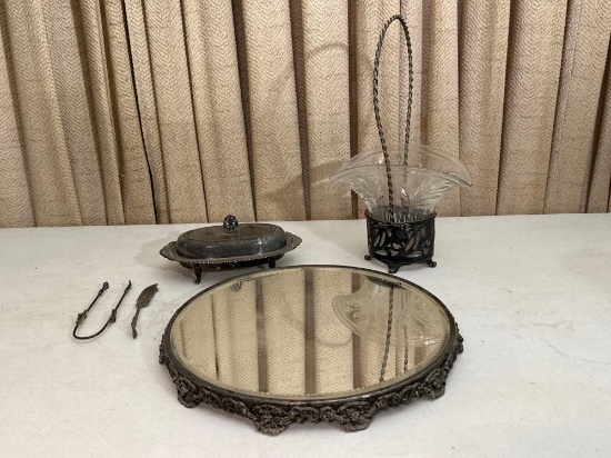 Silver Plate Mirrored Tray, Butter Dish & Basket