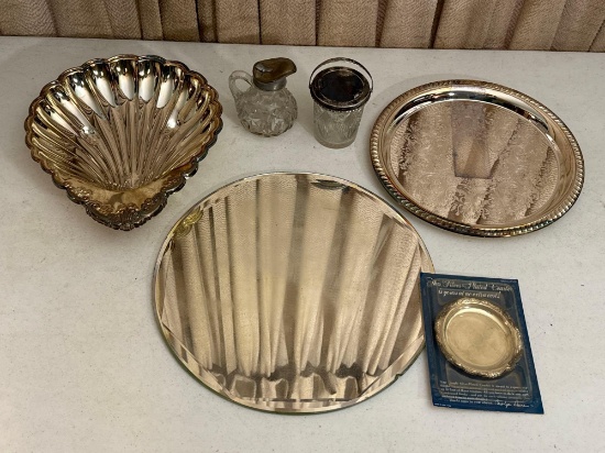 Silver Plate Platters, Sugar Bowl & Creamer & Beveled Round Mirror