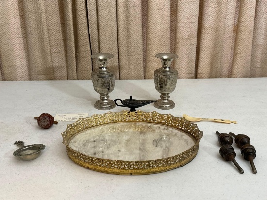 Mirrored Tray, Candle Holders, Ivory Nut, Windmill Strainer & Incense Burner