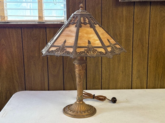 Vintage Lamp with Slag Glass Shade & Brass Base