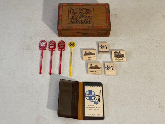 Vintage Pennsylvania Railroad Co. Wood Cigar Box, Santa Fe Matchbooks & Souvenirs
