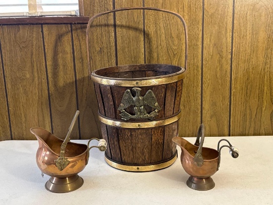 Vintage Copper & Brass Ash Pots & Wood Bucket