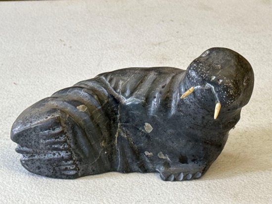 Vintage Eskimo Art Carved Soapstone Walrus