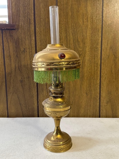 Antique Brass Oil Lamp with Beaded Fringe