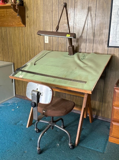 Vintage Drafting Table, Light & Chair