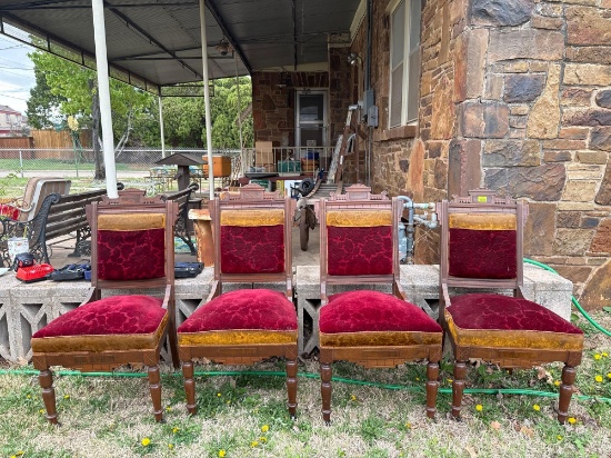 Antique Wood Red & Gold Upholstered Chairs