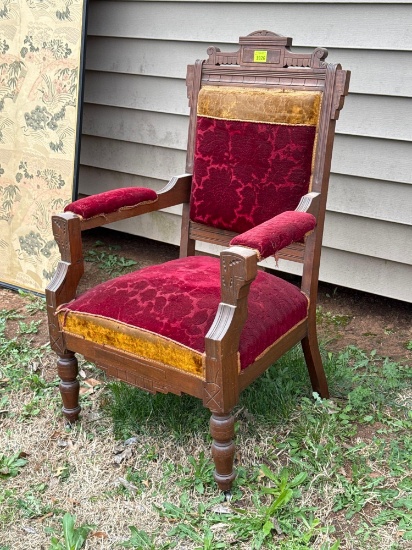 Antique Wood Red & Gold Upholstered Arm Chair