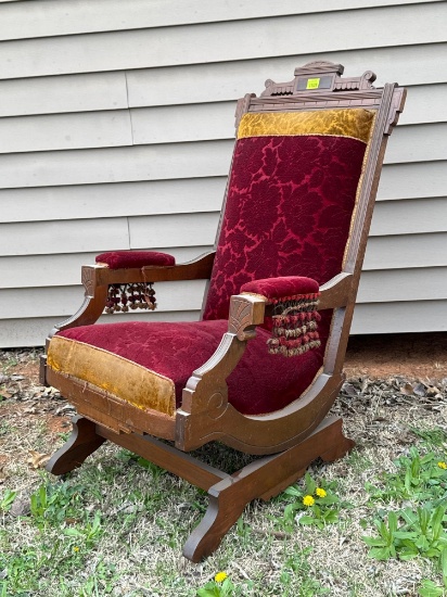 Antique Wood Red & Gold Upholstered Rocking Chair