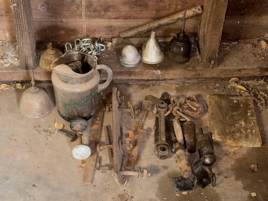 Vintage Oil Cans, Tools, Hooks, Pitcher & Porcelain Door Knob