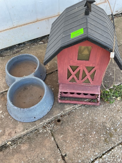 birdhouse and water bowls