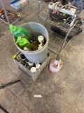 milk crate, with aerosol sprays of Miscellaneous items and bucket of cleaning supplies