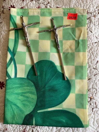 Garden flag with two metal crosses with Jesus on
