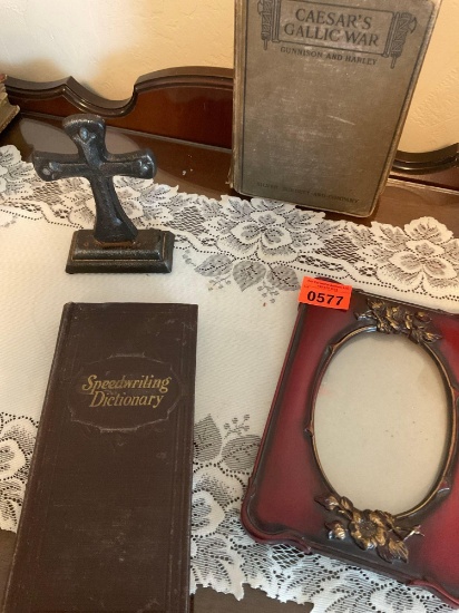 Books, cross book end, picture frame