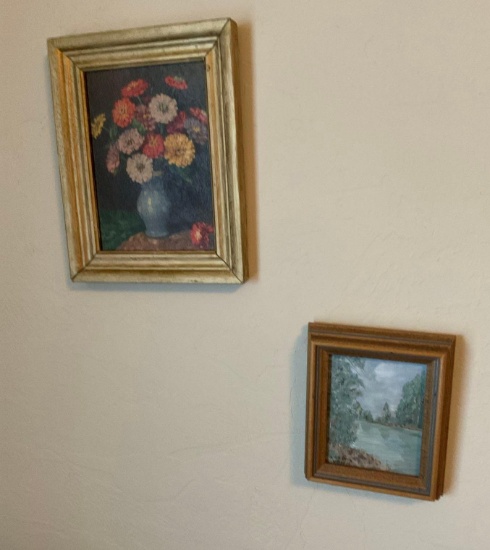 Wall decor, flowers, river, lady fixing vase of flowers