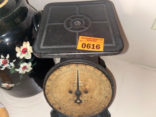 Vintage scale , floral crock milk can