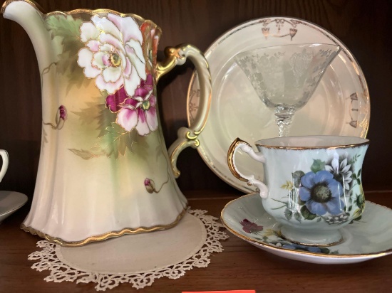 China Pitcher, plate, bowl, coffee cups and saucers. Gravy bowl