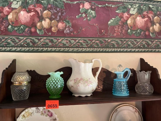 Base, pitcher, glassware top shelf in dining room what not
