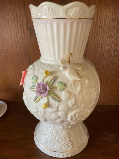 Belleek songbird Irish hand painted vase.