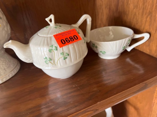 Belleek shamrock harp tea pot for one.