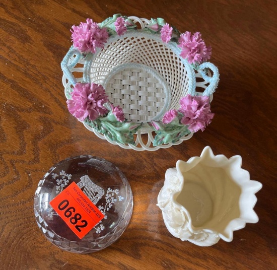Celtic Weave Irish Parian Bone China woven basket. Vintage Irish Belleek Parisian Bowl rose design.