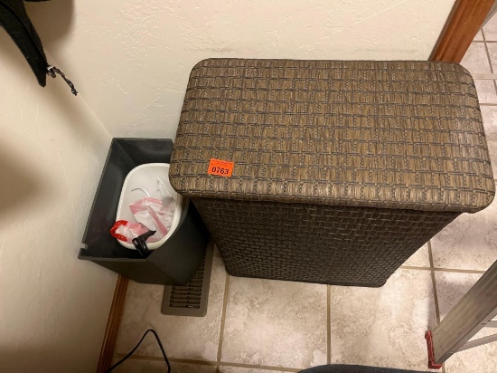 Clothes, hamper, trashcan, jacket, and hangers