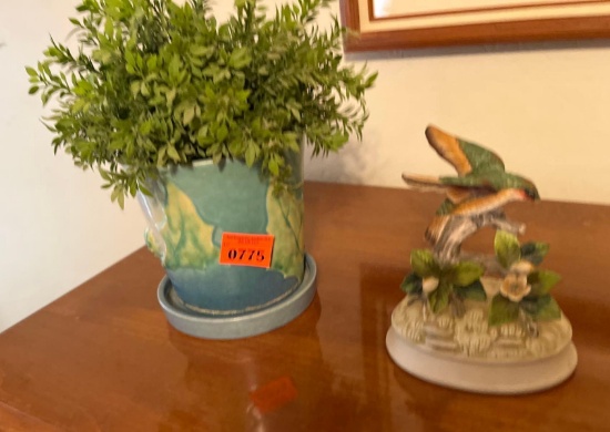 Pot with artificial plant in porcelain use box, bird, and flowers, and leaves from the gift world of