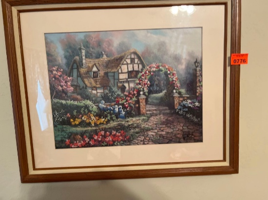Wall picture of house entryway with flowers arched with rock path